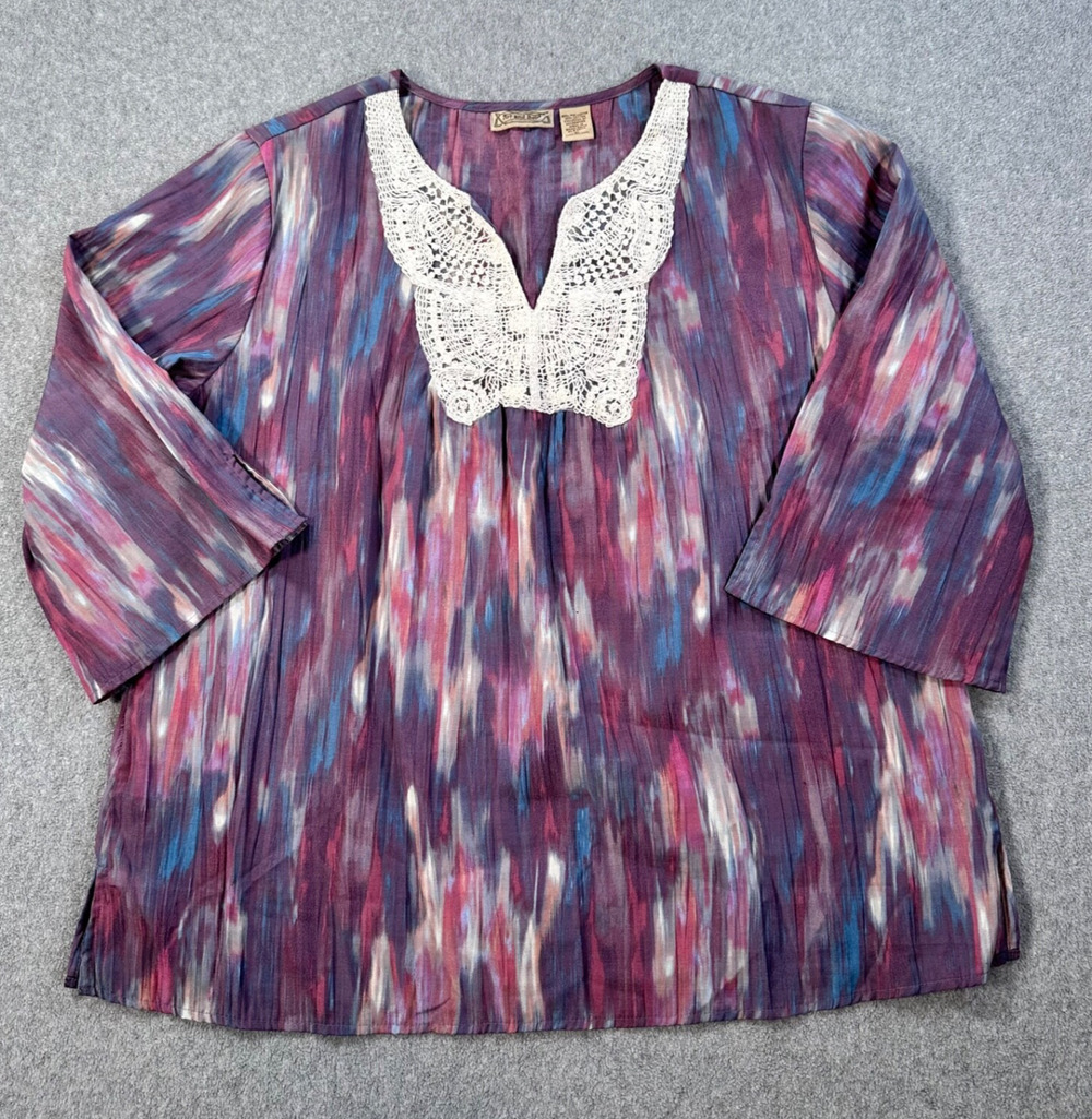 Art and Soul Crochet Neck Boho Blouse Women's XL Purple Blue 3/4 Sleeve Top